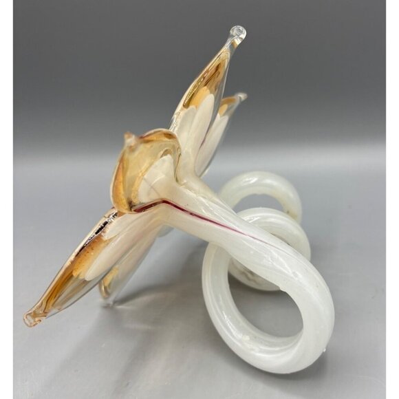 Vtg Handblown Glass Flower Paperweight‎ Beige Red Decor Spiral Stem - Picture 3 of 6